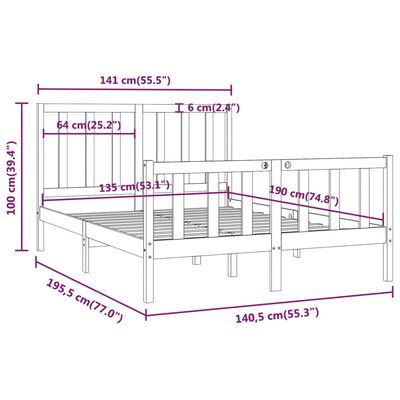 vidaXL Cadru de pat dublu, 135x190 cm, lemn masiv