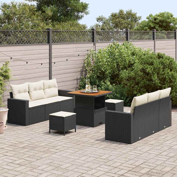 vidaXL Set de canapele pentru grădină cu pernă 9 pcs negru și crem