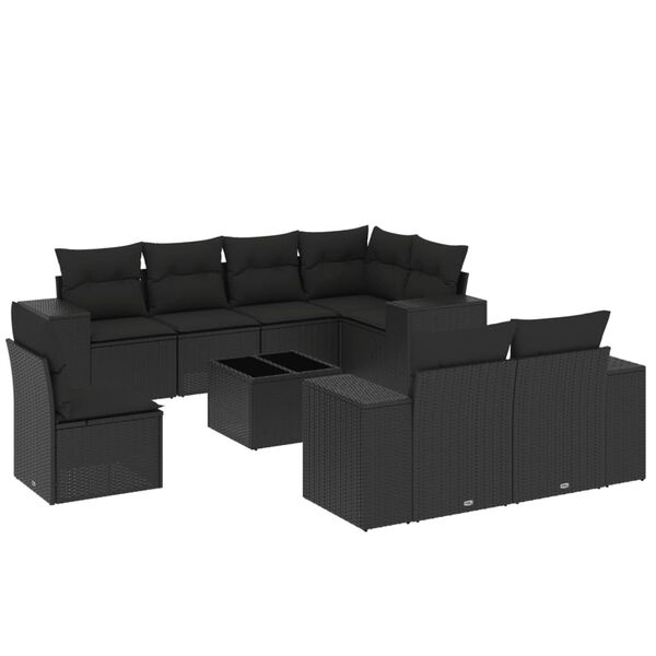 vidaXL Set mobilier de grădină cu perne, 9 piese, negru, poliratan
