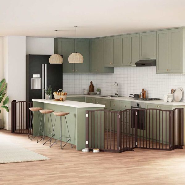 vidaXL Poartă c&acirc;ini pliabilă cu ușă 8 panouri maro 640 cm, lemn plop