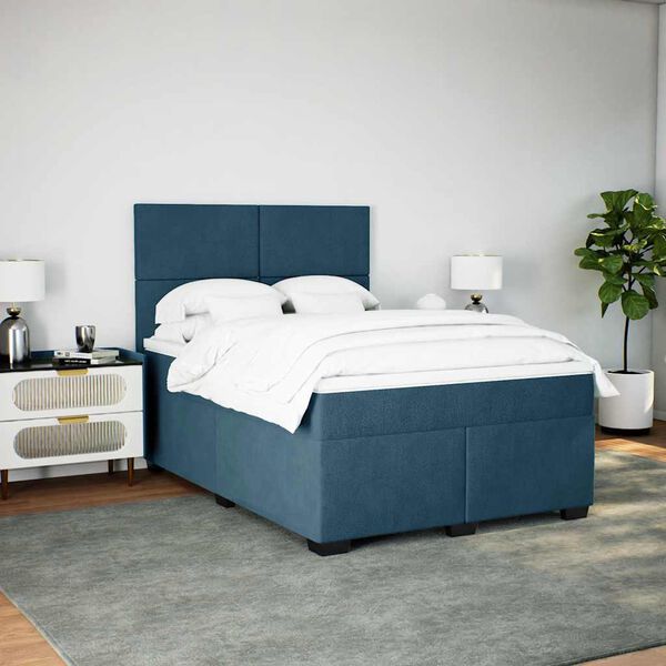 vidaXL Pat box spring cu saltea, albastru, 160x200 cm, catifea