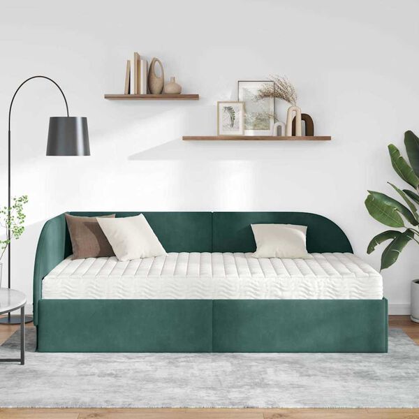 vidaXL Cadru de pat colțar cu saltea cu headboard 2 pcs Verde Catifea