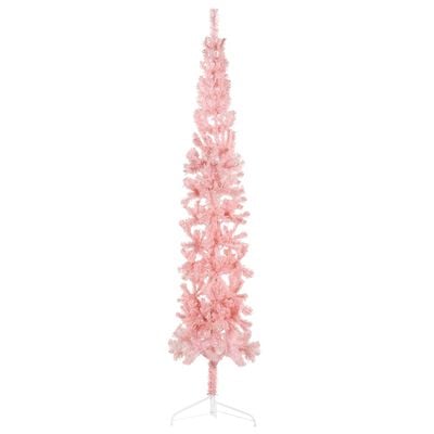 vidaXL Jumătate brad de Crăciun subțire cu suport, roz, 210 cm