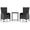 vidaXL Set mobilier bistro grădină, 3 piese, negru, poliratan/sticlă