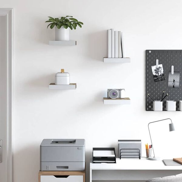 vidaXL Rafturi perete suspendate 4 buc. alb/stejar 23x23,5x3,8 cm MDF