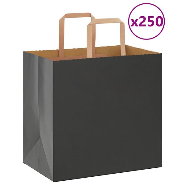 vidaXL Pungi de h&acirc;rtie 250 buc cu m&acirc;nere negre 26x17x25 cm