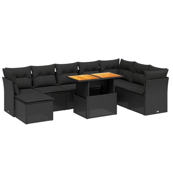 vidaXL Set mobilier de grădină cu perne, 9 piese, negru, poliratan