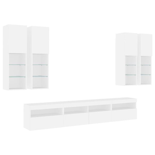 vidaXL Set comode TV de perete, 7 piese, cu lumini LED, alb