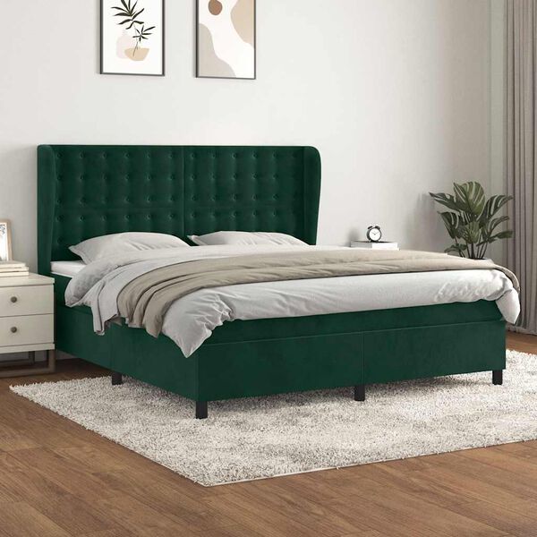 vidaXL Pat box spring cu saltea, verde &icirc;nchis, 180x200 cm, catifea