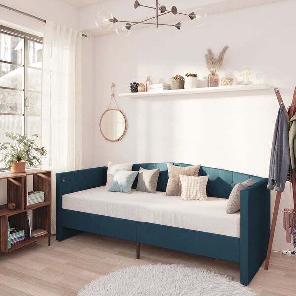 vidaXL Pat de zi cu saltea & USB, albastru, 90x200 cm, catifea