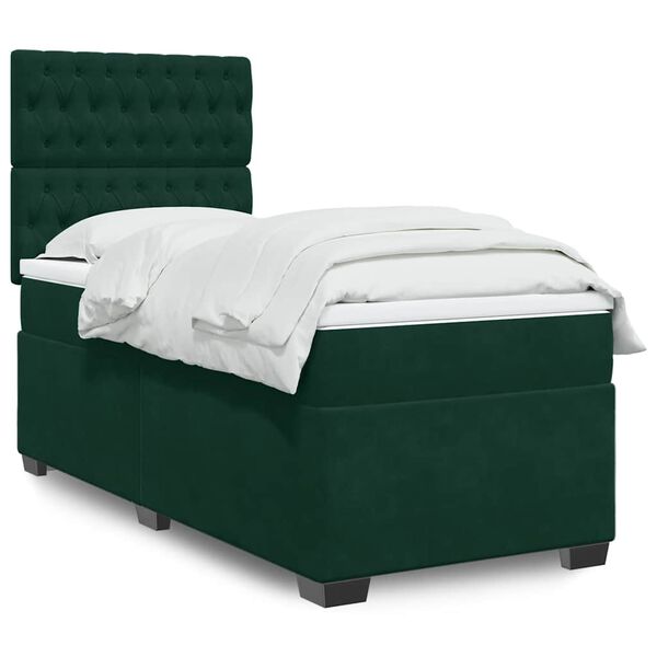 vidaXL Pat box spring cu saltea, verde &icirc;nchis, 90x190 cm, catifea