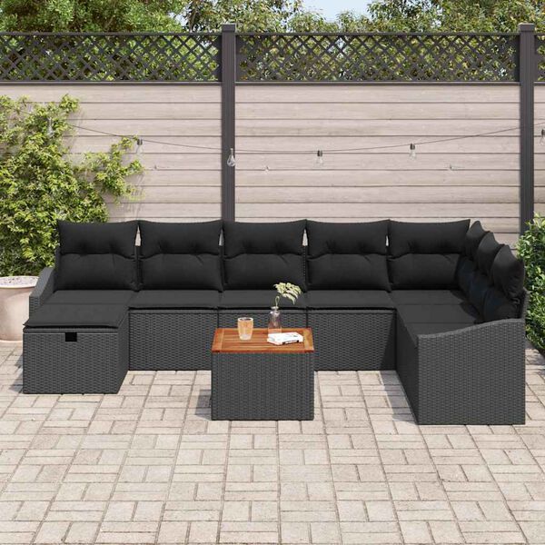 vidaXL Set de canapele pentru grădină cu pernă 9 pcs Negru poliratan