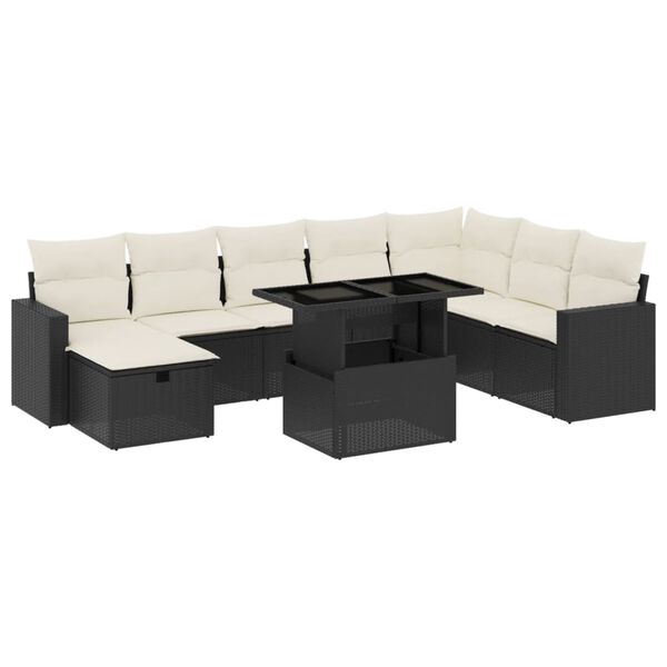 vidaXL Set mobilier de grădină cu perne, 9 piese, negru, poliratan