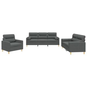 vidaXL Set de canapele cu perne, 3 piese, gri &icirc;nchis, textil