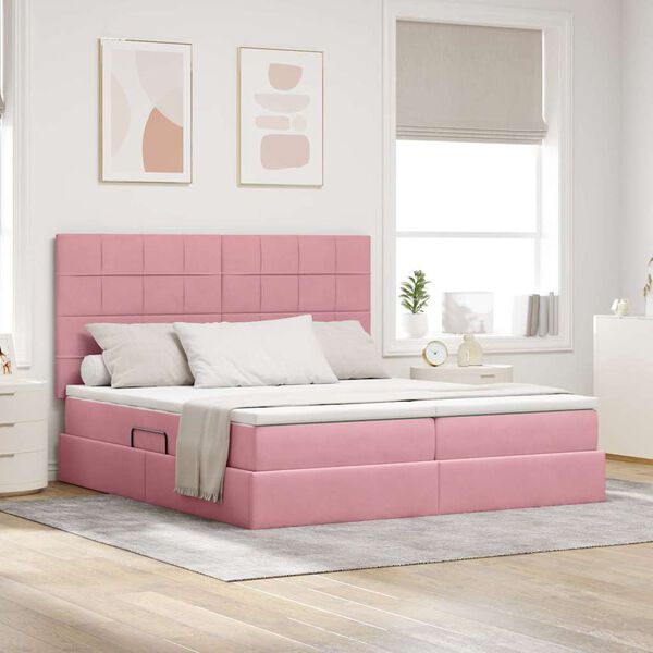 vidaXL Pat cu storage cu saltea cu headboard Roz 180 x 200 cm Catifea