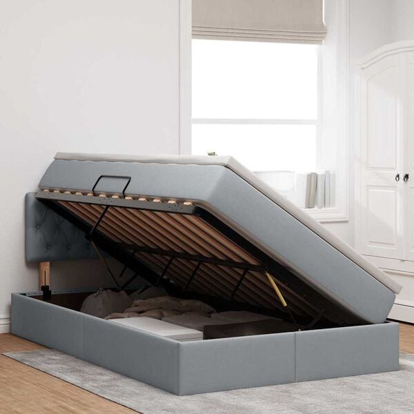 vidaXL Pat cu saltea și LED cu led Gri deschis 120 x 200 cm țesătură