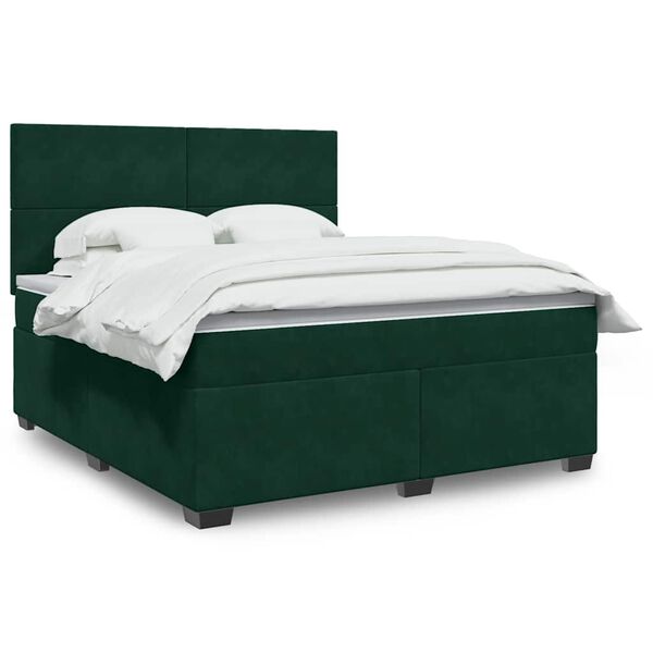 vidaXL Pat box spring cu saltea, verde &icirc;nchis, 180x200 cm, catifea