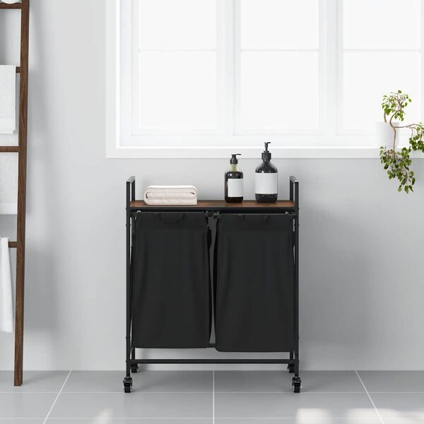 vidaXL Coș de rufe 2 compartimente cu roți stejar maro