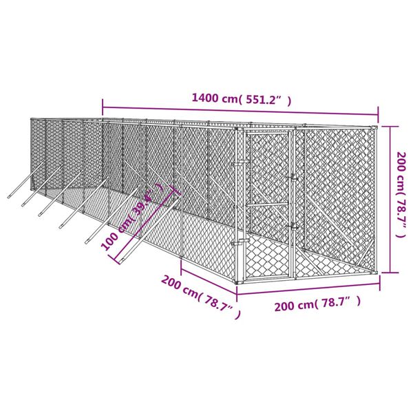 vidaXL Padoc de exterior pentru c&acirc;ini argintiu 2x14x2m oțel galvanizat