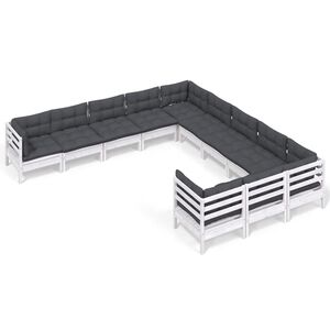 vidaXL Set de șezlonguri de grădină cu perne 11 piese alb lemn de pin