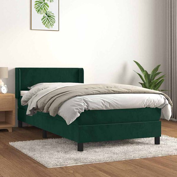 vidaXL Pat box spring cu saltea, verde &icirc;nchis, 100x200 cm, catifea