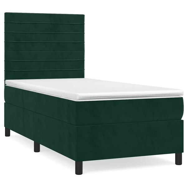 vidaXL Pat box spring cu saltea, verde &icirc;nchis, 90x190 cm, catifea