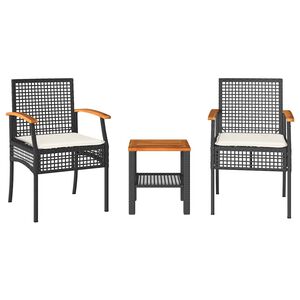 vidaXL Set bistro cu perne, 3 piese, negru, poliratan și lemn acacia