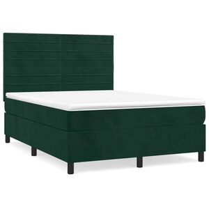 vidaXL Pat box spring cu saltea, verde &icirc;nchis, 140x190 cm, catifea