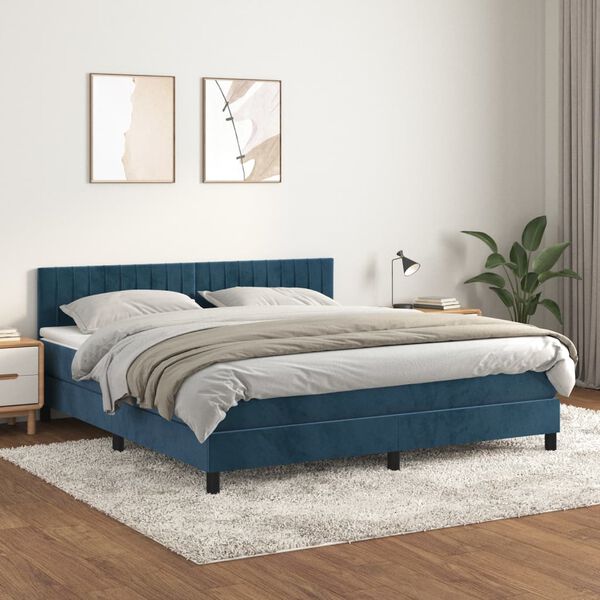 vidaXL Pat box spring cu saltea, albastru &icirc;nchis, 180x200 cm, catifea
