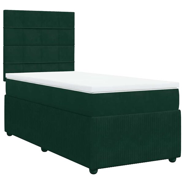 vidaXL Pat box spring cu saltea, verde &icirc;nchis, 90x200 cm, catifea