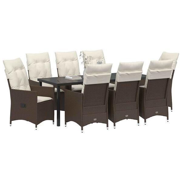 vidaXL Set de masă pentru grădină cu pernă 9 pcs Maro Rattan poli