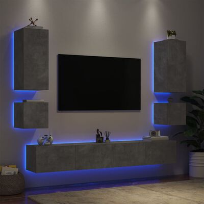 vidaXL Comode TV de perete cu lumini LED, 6 piese, gri beton