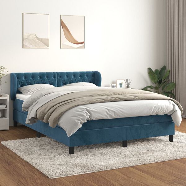 vidaXL Pat box spring cu saltea, albastru &icirc;nchis, 140x200 cm, catifea
