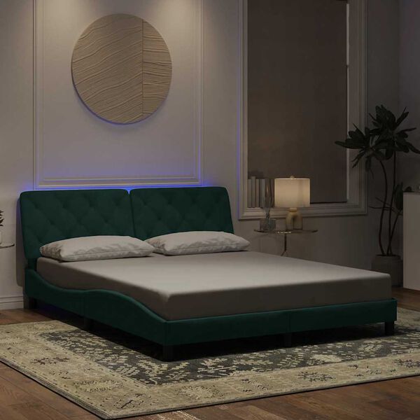 vidaXL Cadru de pat cu LED fără saltea, verde &icirc;nchis, 160x200 cm, catifea