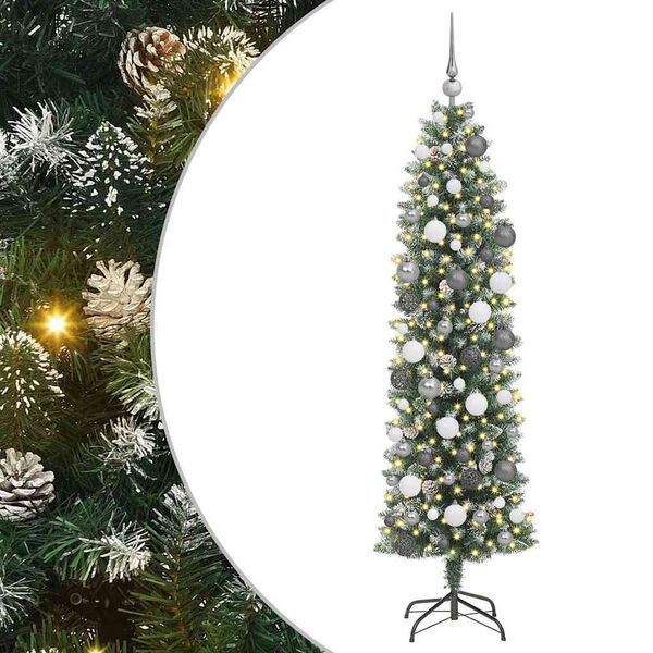 vidaXL Copac Artificial Slăb de Crăciun cu 300 LED Verde și alb 180 cm