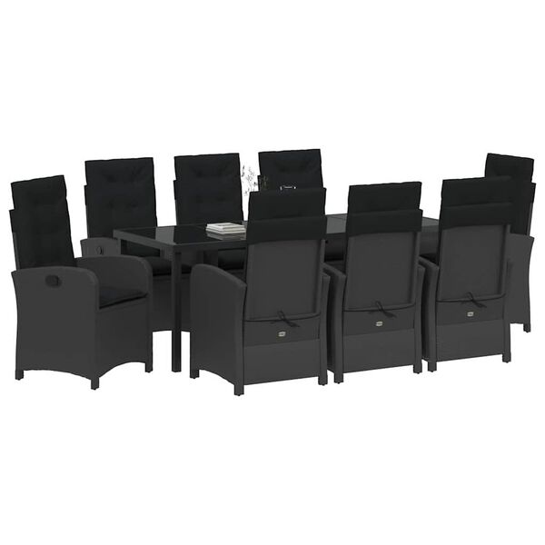 vidaXL Set de masă pentru grădină cu pernă 9 pcs Negru poliratan