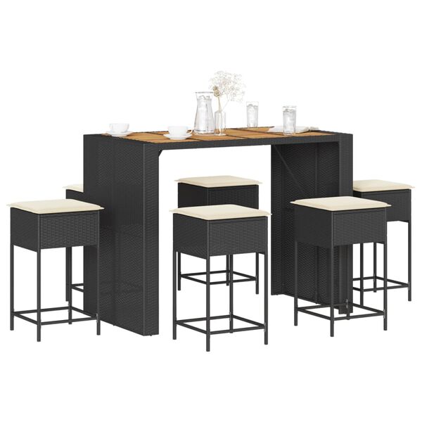 vidaXL Set bar de grădină, 7 piese, cu perne, negru, poliratan