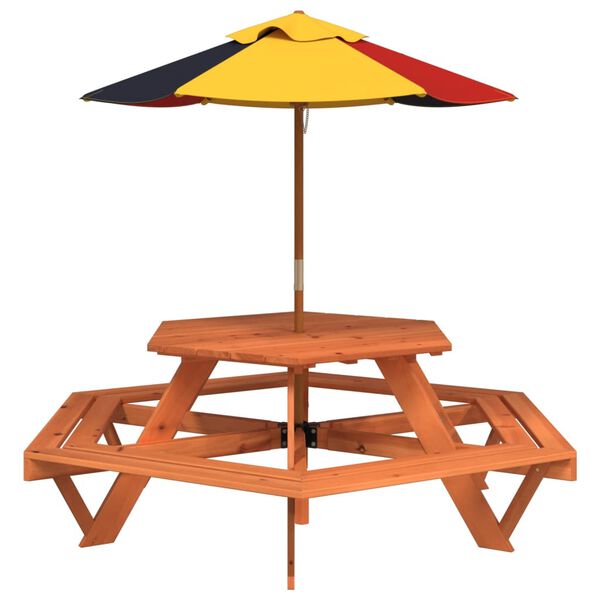 vidaXL Masă picnic pentru 6 copii cu umbrelă, hexagon, lemn masiv brad