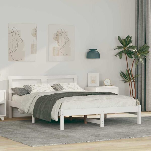 vidaXL Cadru de pat cu headboard Alb 140 x 190 cm Lemn masiv de pin