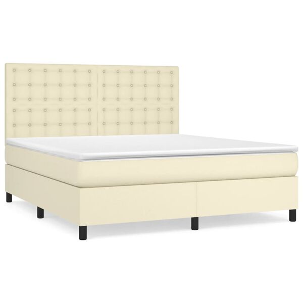 vidaXL Pat box spring cu saltea, crem, 180x200 cm, piele ecologică