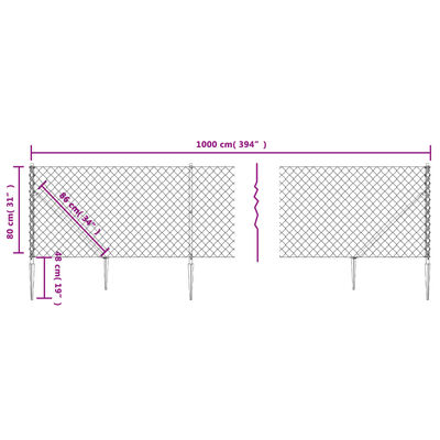 vidaXL Gard plasă de sârmă cu țăruși de fixare, argintiu, 0,8x10 m