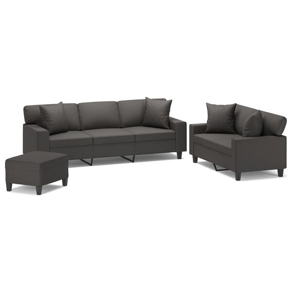 vidaXL Set de canapele cu perne, 3 piese, gri, piele ecologică