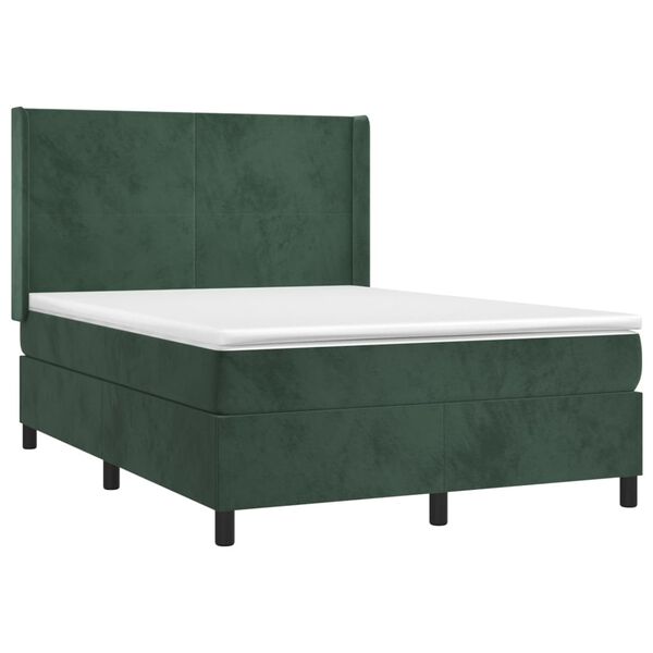 vidaXL Pat box spring cu saltea, verde &icirc;nchis, 140x190 cm, catifea