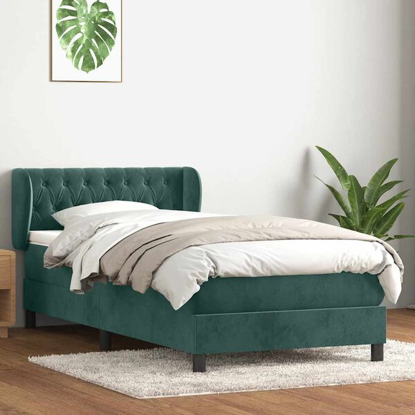 vidaXL Pat box spring cu saltea, verde &icirc;nchis, 80x210 cm, catifea