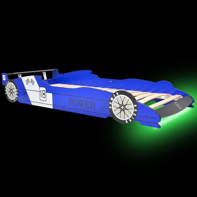 vidaXL Pat copii mașină de curse, cu LED, 90 x 200 cm, albastru