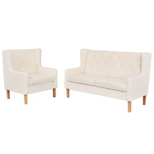 vidaXL Set canapea, 2 piese, textil, Alb crem