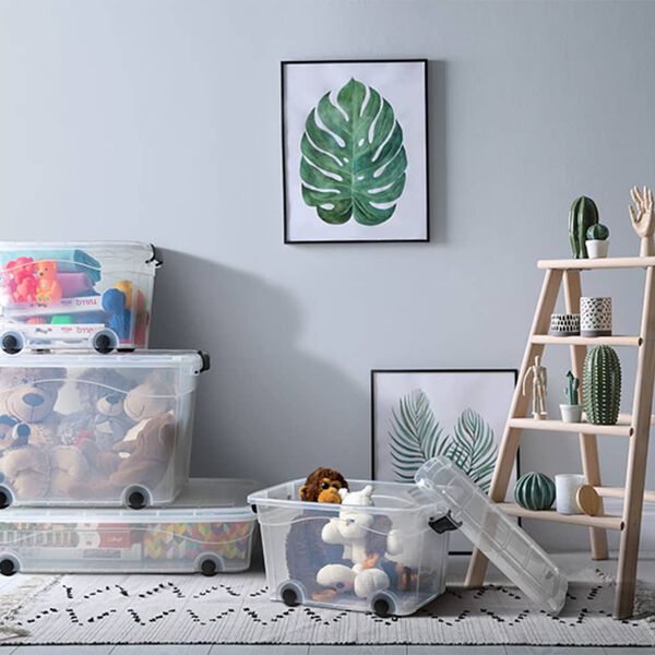 vidaXL Cutii de depozitare cu roți/capace, 5 buc., transparent, 60 L