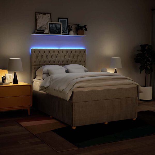 vidaXL Pat box spring cu saltea, crem, 140x200 cm, textil