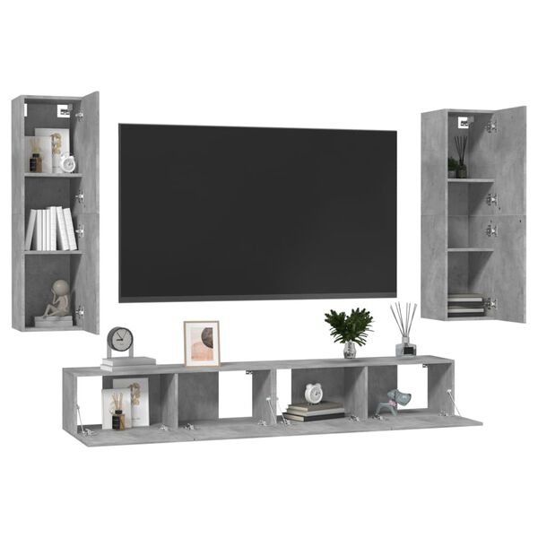 vidaXL Set comode TV, 4 buc., gri beton, lemn prelucrat