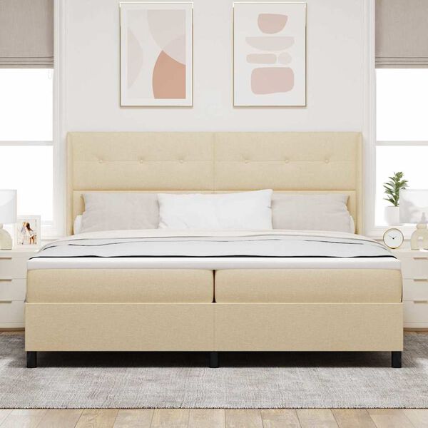 vidaXL Pat cu arcuri cu saltea cu headboard Crem 200 x 200 cm țesătură